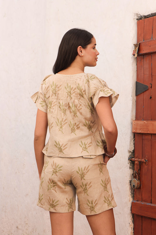 Beige Fern Block Print Linen Flutter Sleeve Top & Shorts Set