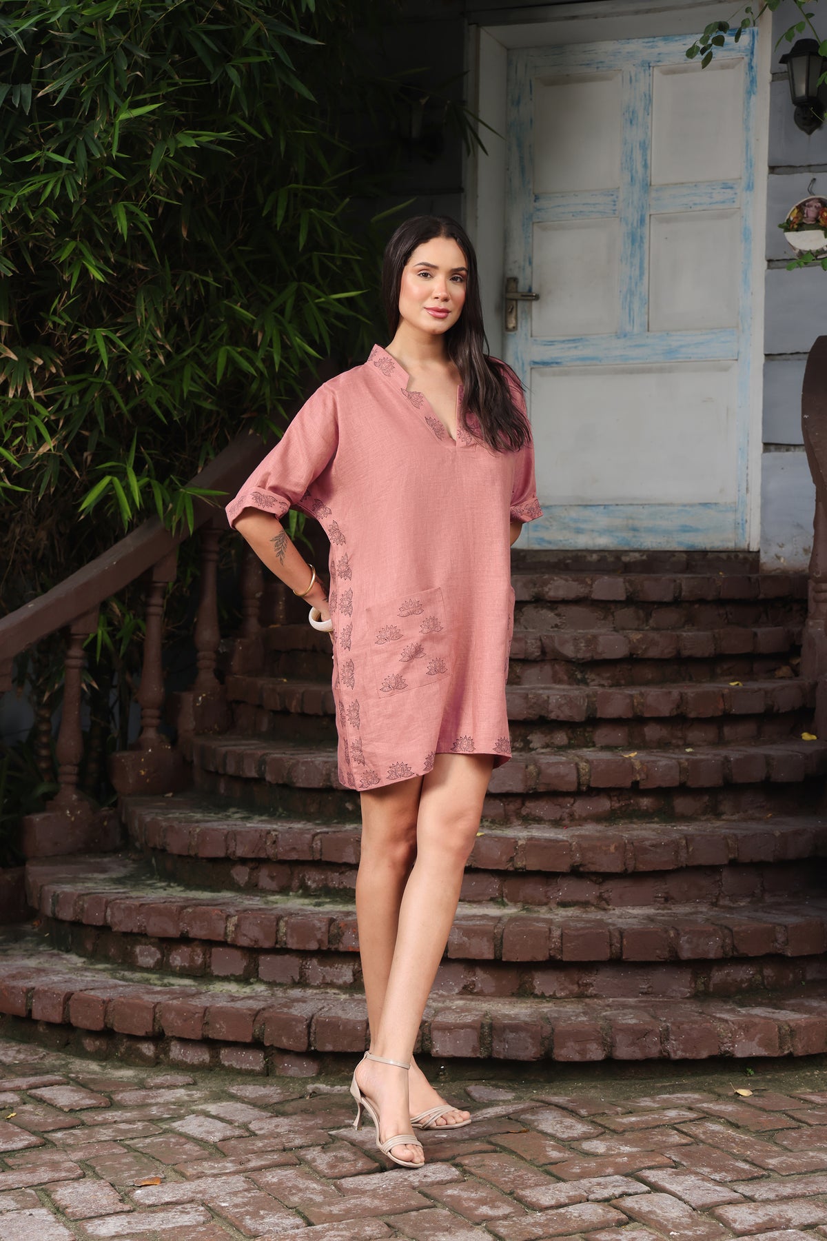 Block Print Dusty Pink Linen Lotus Kaftan Mini Dress with Pockets