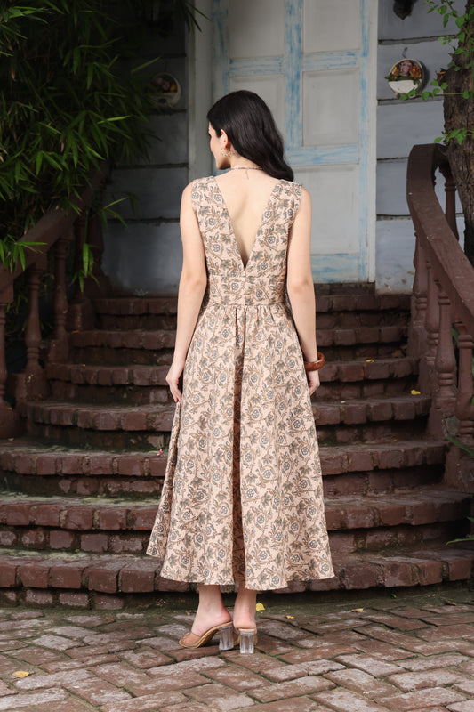 Beige Block Print Linen Maxi Dress with Tie-Up Neck – Indo-Western Fusion Wear for Women