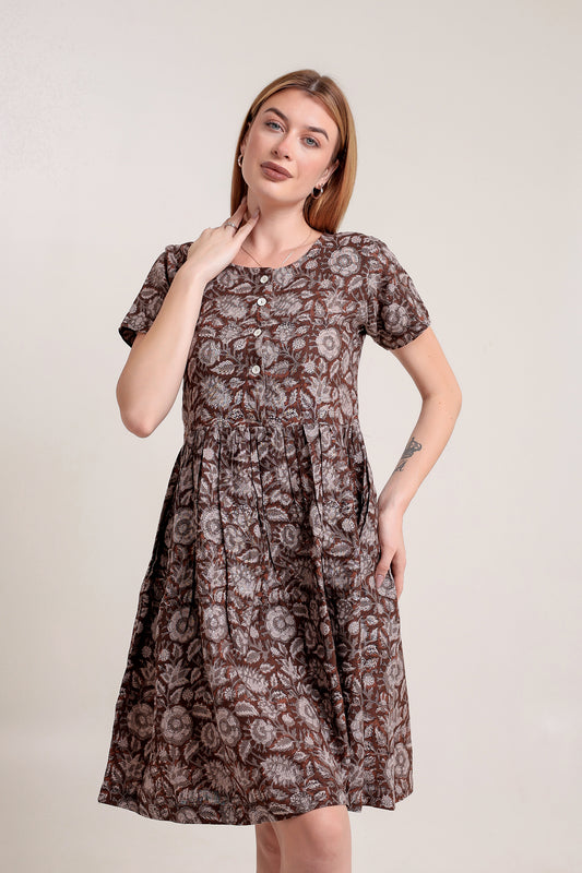 Block Printed Brown Floral Linen Dress in Mediumweight with Above Knee Length V-Neck & 3/4 Sleeves