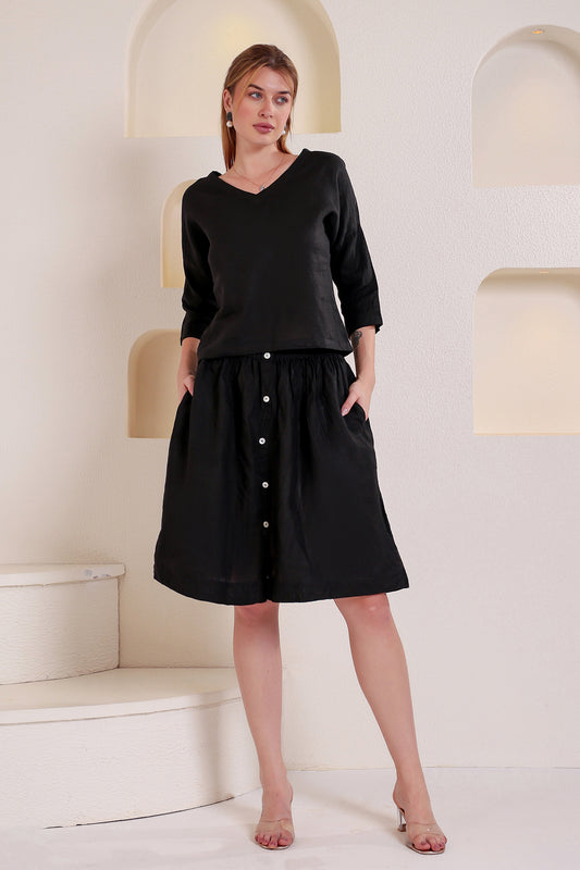 Black Solid Linen Co-Ord Set for Women – 3/4 Sleeve Top & Cropped Skirt
