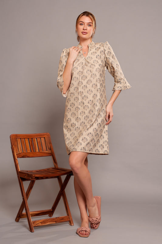 Block Printed Dark Vanilla Floral Pure Linen Dress in V-Neck 3/4 Sleeves Above Knee-Length