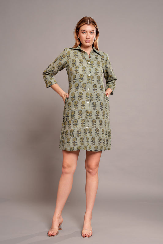 Artisan Handmade Block Print Linen Shirt Dress Elegant Green Floral Design with Custom Sizing