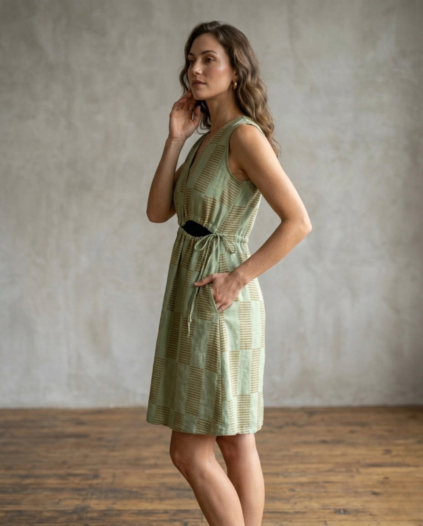 Block Print Sage Green Pure Linen V-Neck A-Line Dress with Tie Waist