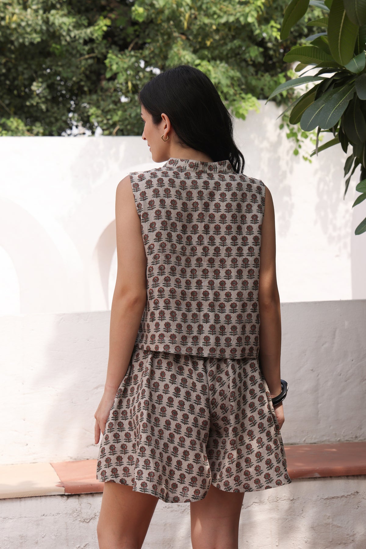 Beige Floral Print Linen Ruched Top & Shorts Set