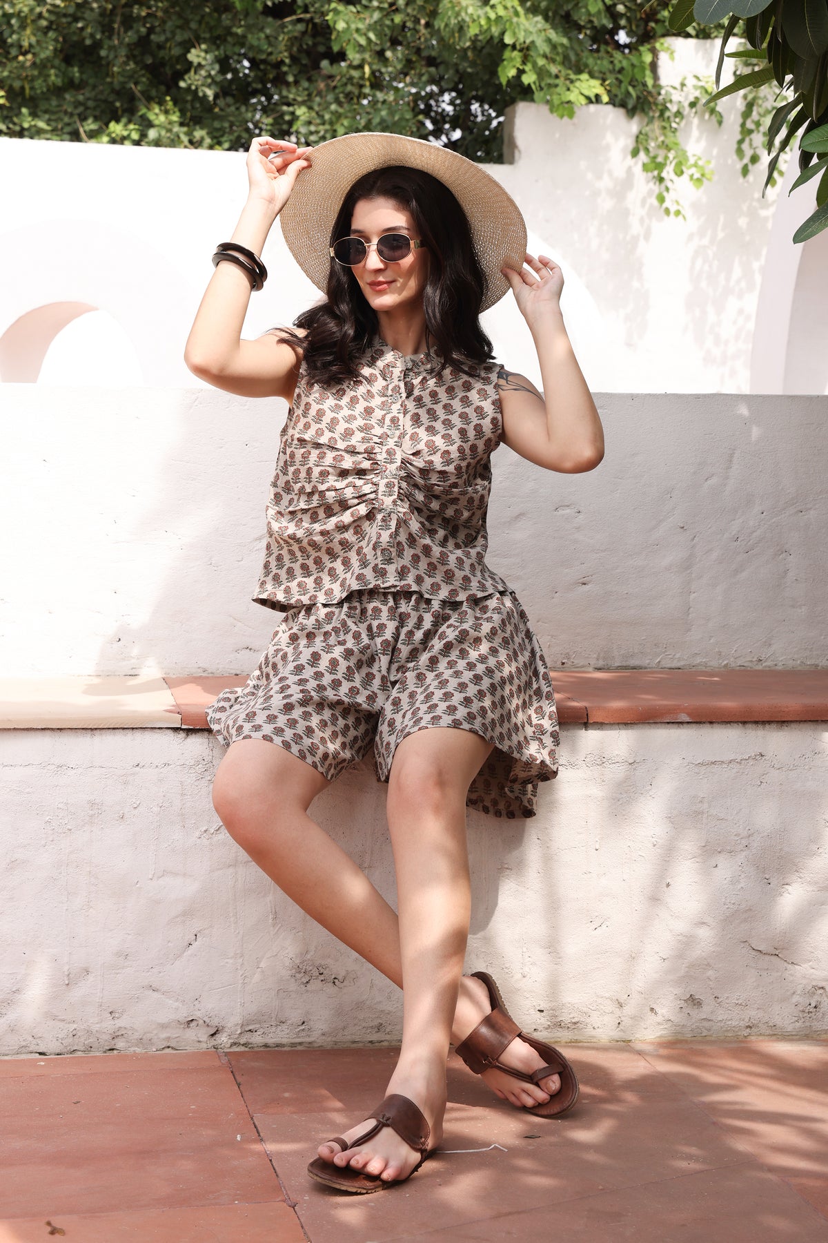 Beige Floral Print Linen Ruched Top & Shorts Set