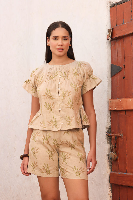 Beige Fern Block Print Linen Flutter Sleeve Top & Shorts Set