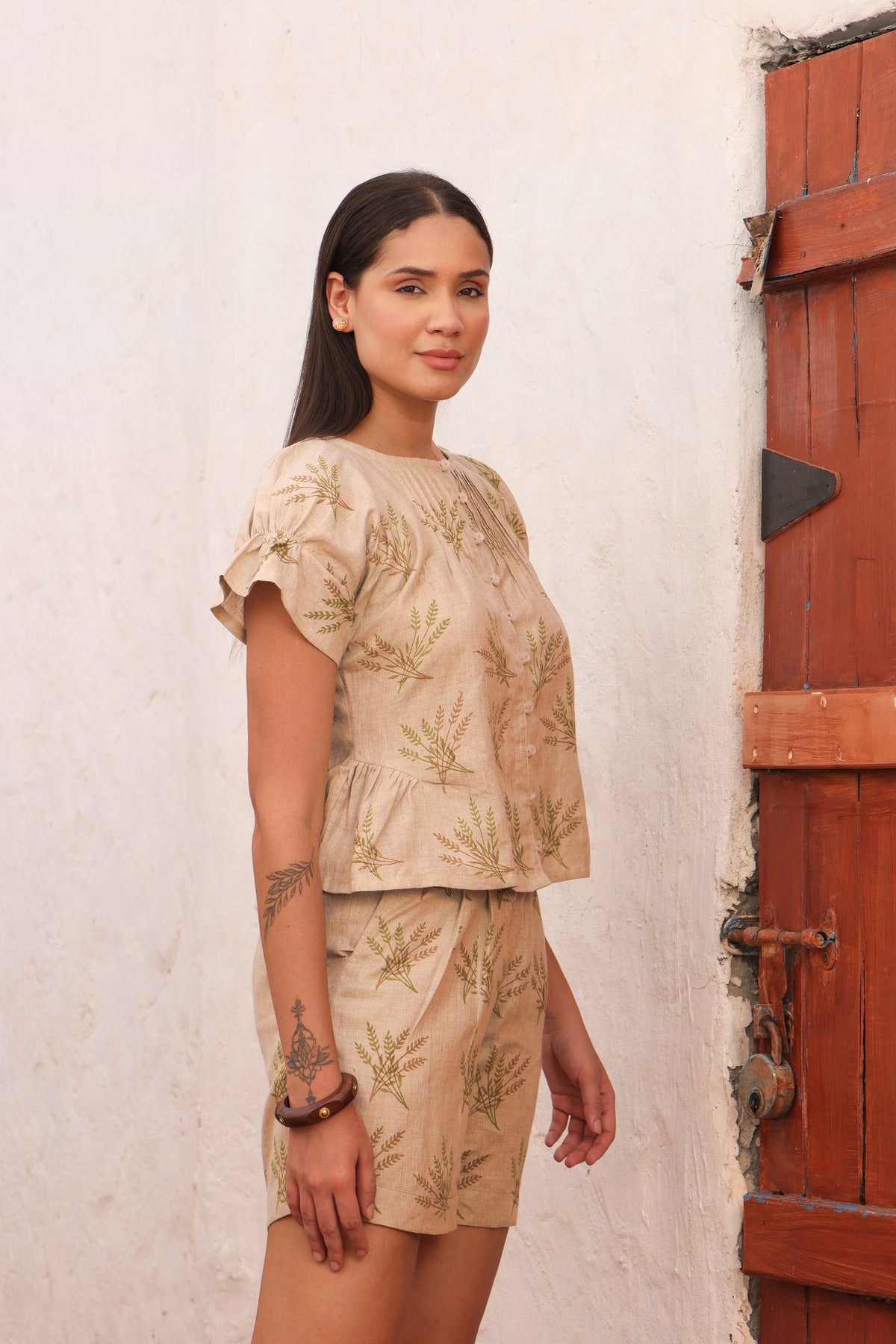Beige Fern Block Print Linen Flutter Sleeve Top & Shorts Set