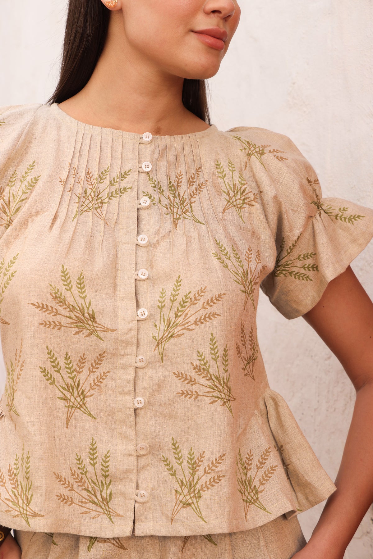 Beige Fern Block Print Linen Flutter Sleeve Top & Shorts Set