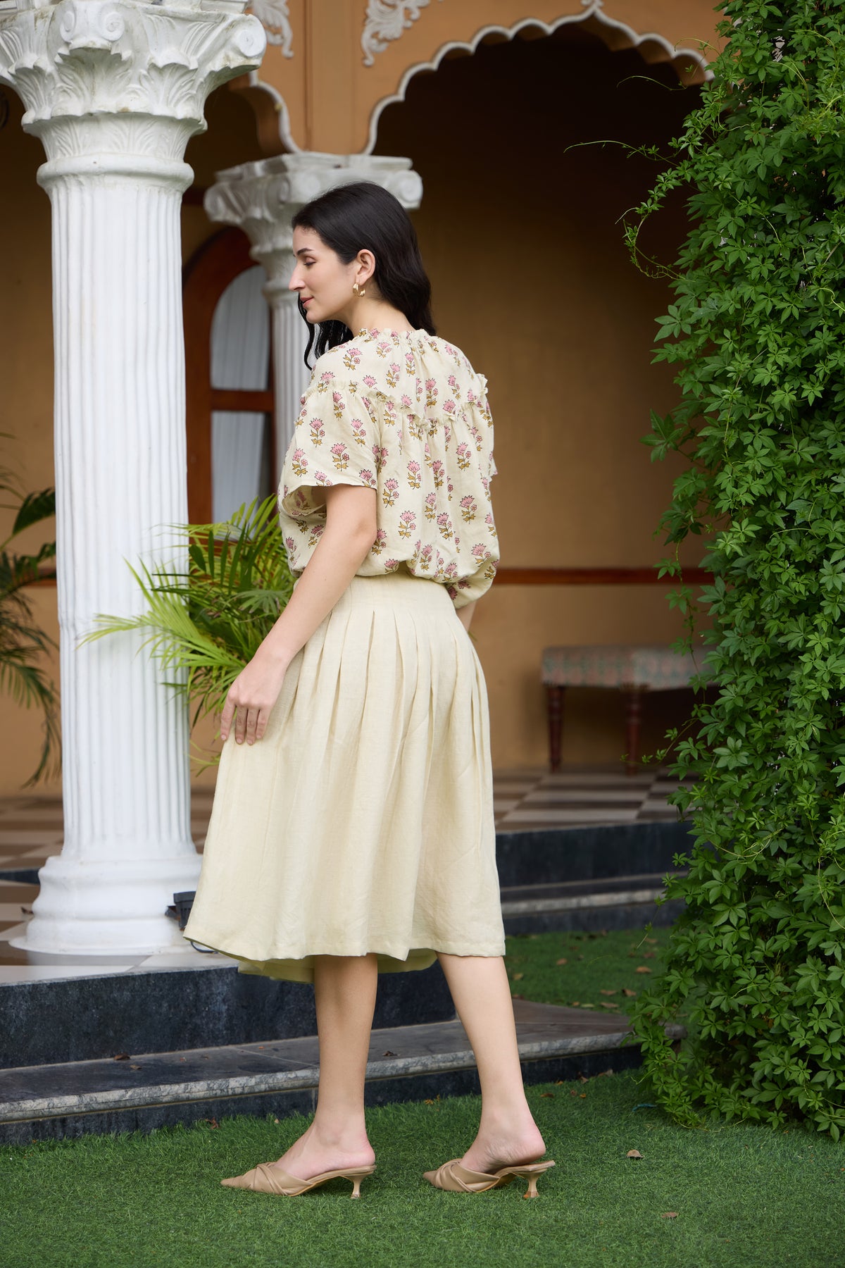 Beige-Cream Linen Top & Pleated Midi Skirt Set