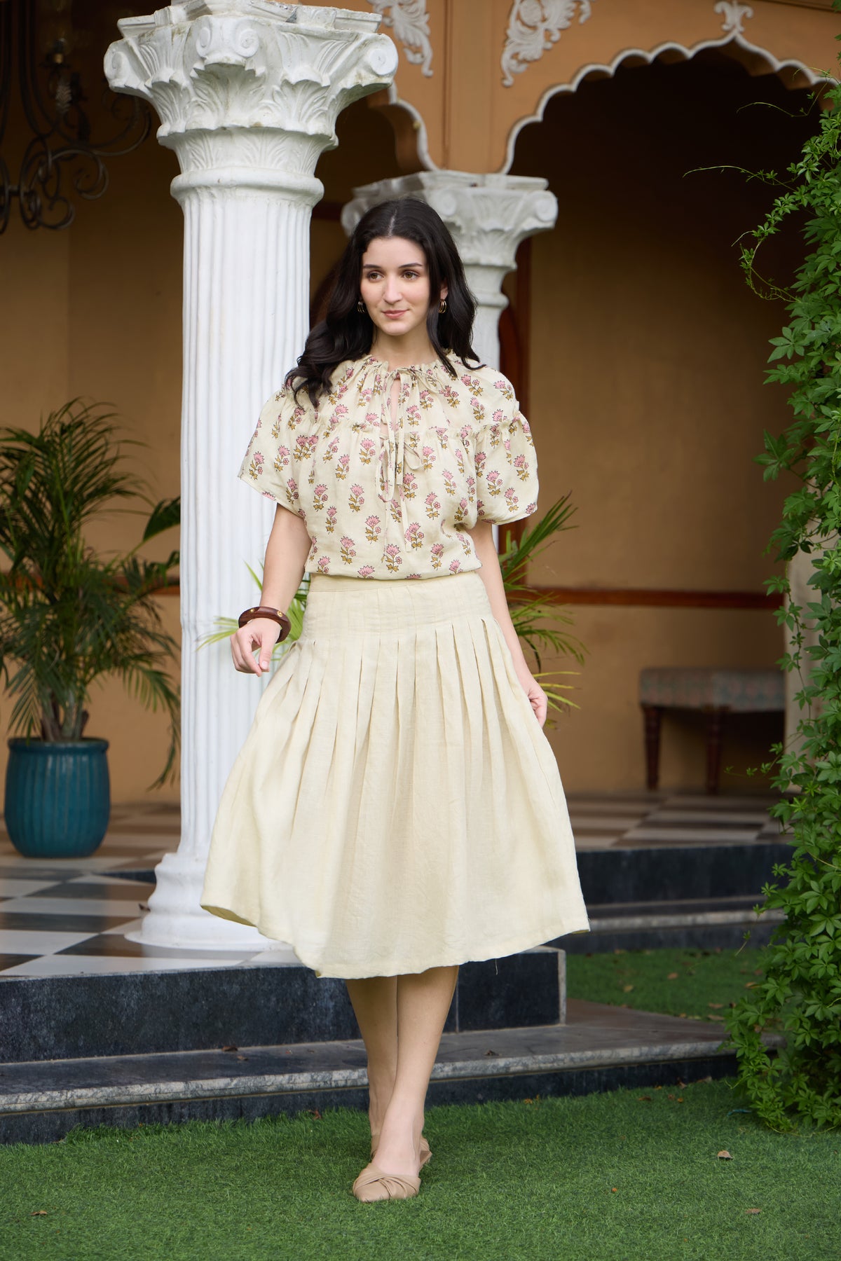 Beige-Cream Linen Top & Pleated Midi Skirt Set