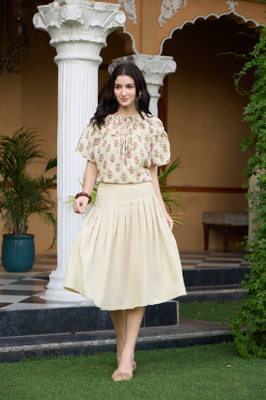 Beige-Cream Linen Top & Pleated Midi Skirt Set