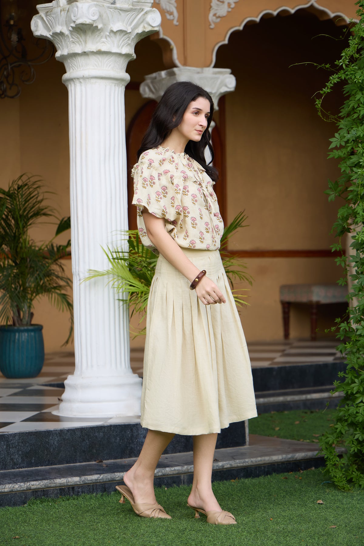 Beige-Cream Linen Top & Pleated Midi Skirt Set