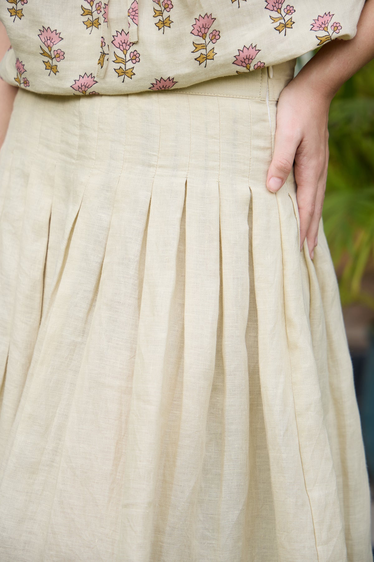 Beige-Cream Linen Top & Pleated Midi Skirt Set