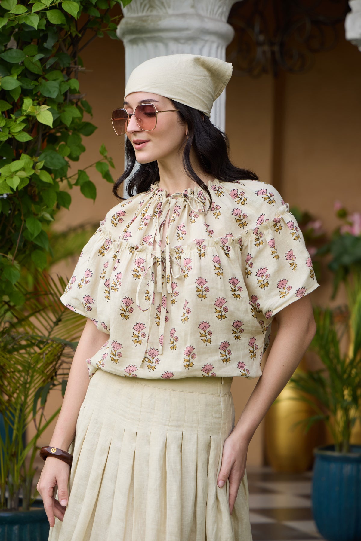 Beige-Cream Linen Top & Pleated Midi Skirt Set