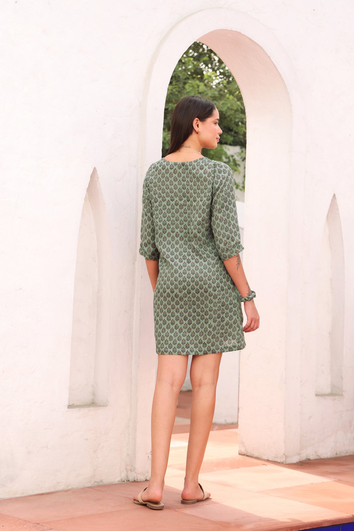 Teal Green Linen Swing Mini Dress with Leaf Block Print & V-Neck