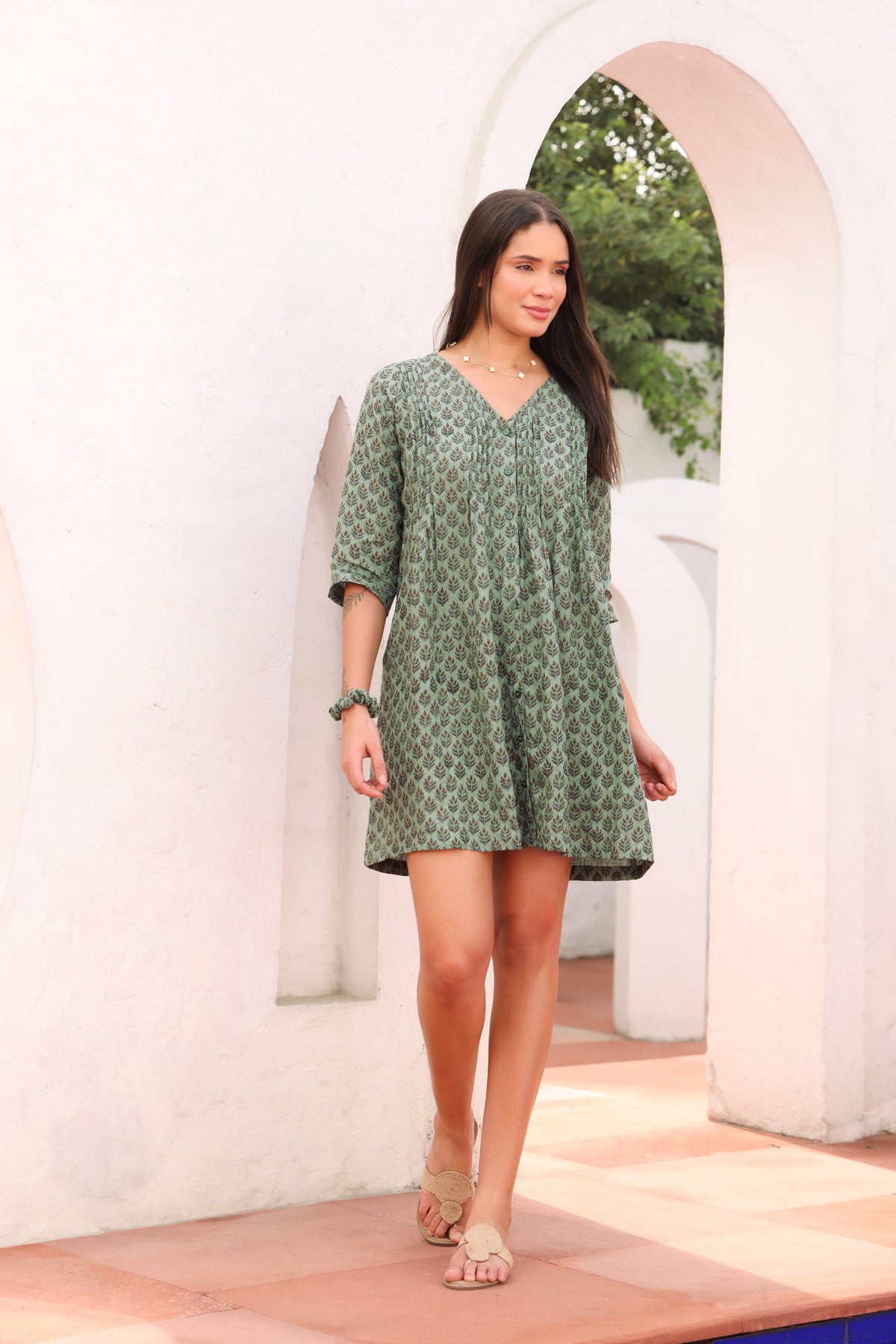 Teal Green Linen Swing Mini Dress with Leaf Block Print & V-Neck