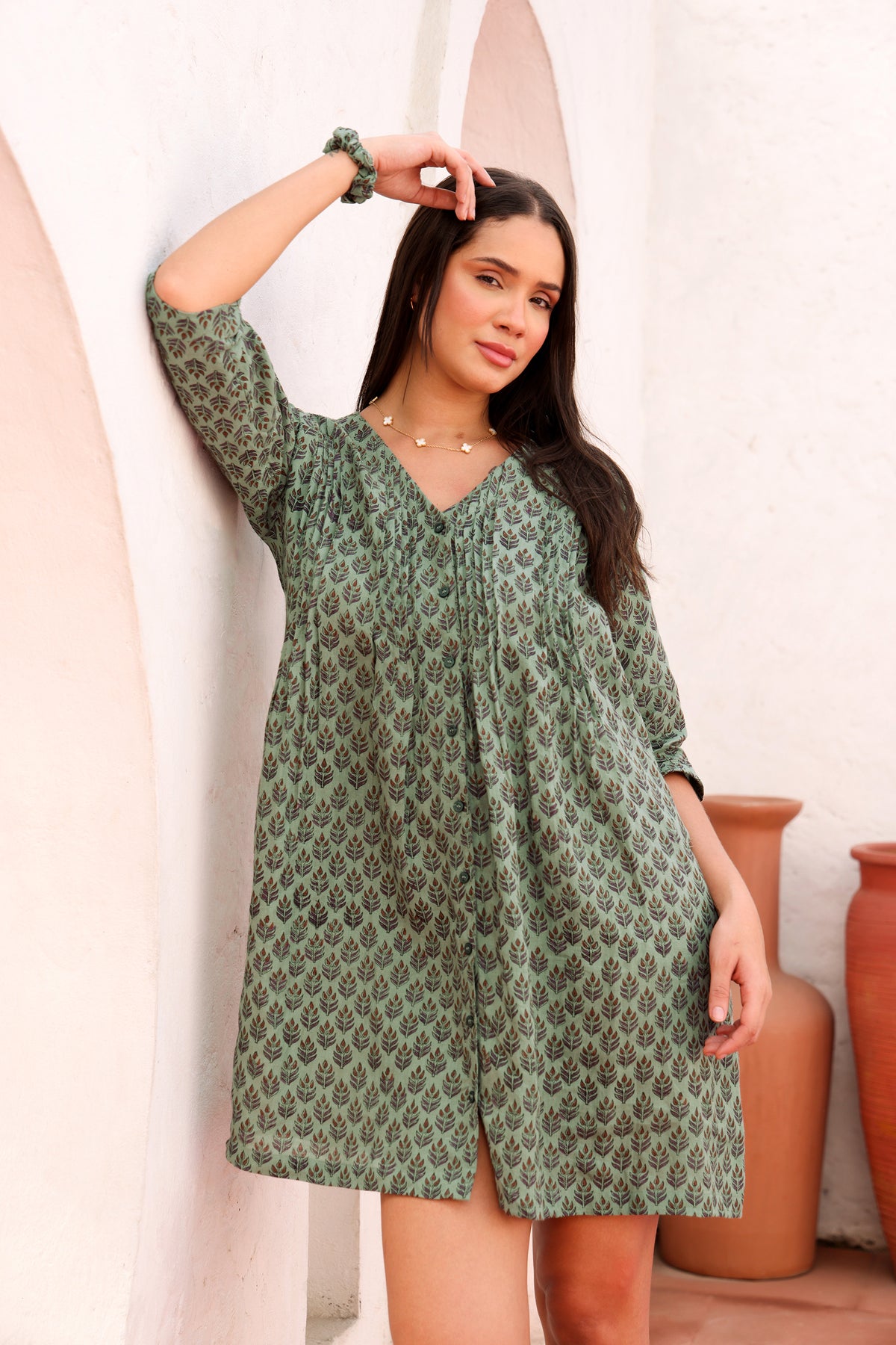 Teal Green Linen Swing Mini Dress with Leaf Block Print & V-Neck
