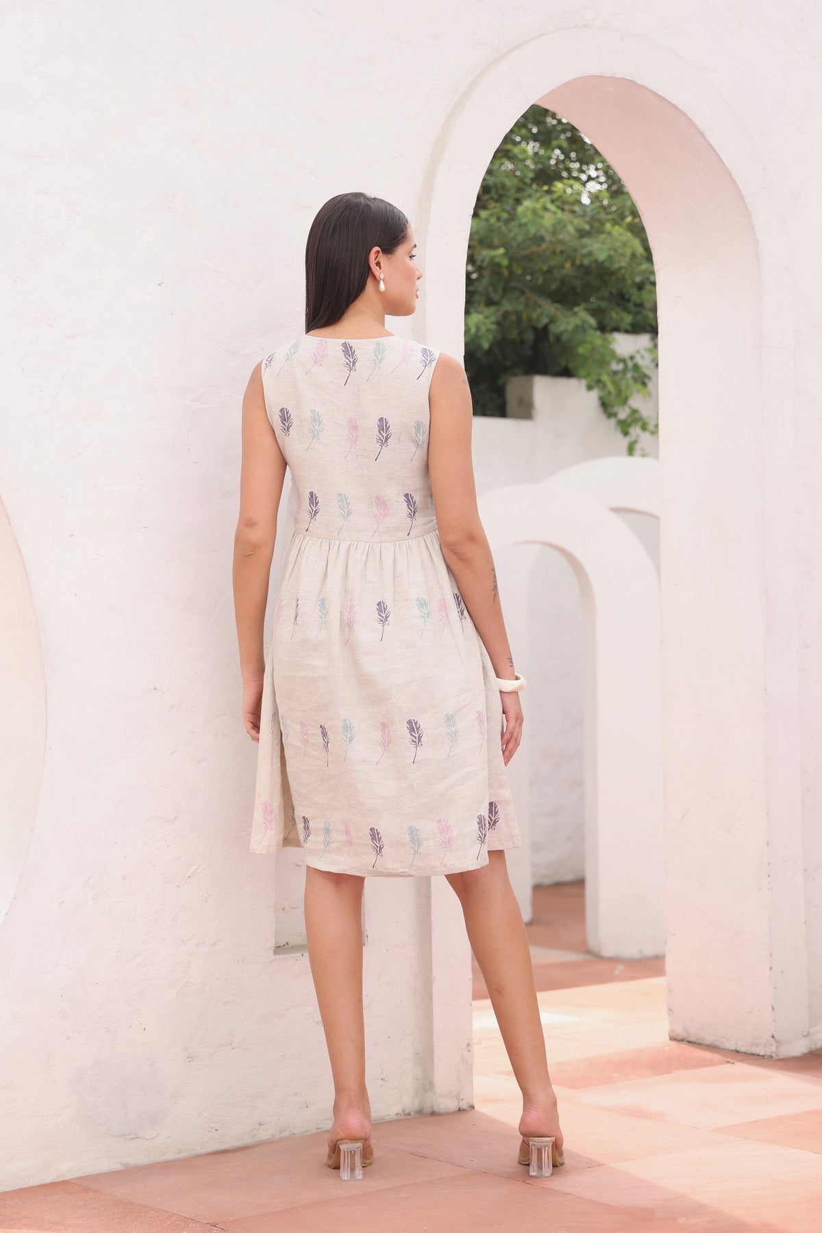 Beige Feather Block Print Linen Sleeveless Button-Down Dress