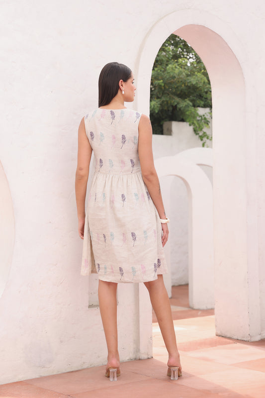 Beige Feather Block Print Linen Sleeveless Button-Down Dress