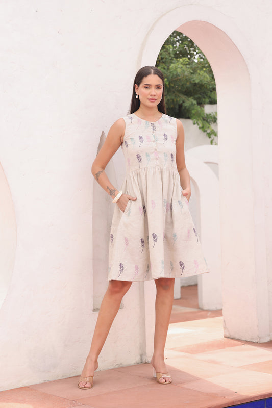 Beige Feather Block Print Linen Sleeveless Button-Down Dress