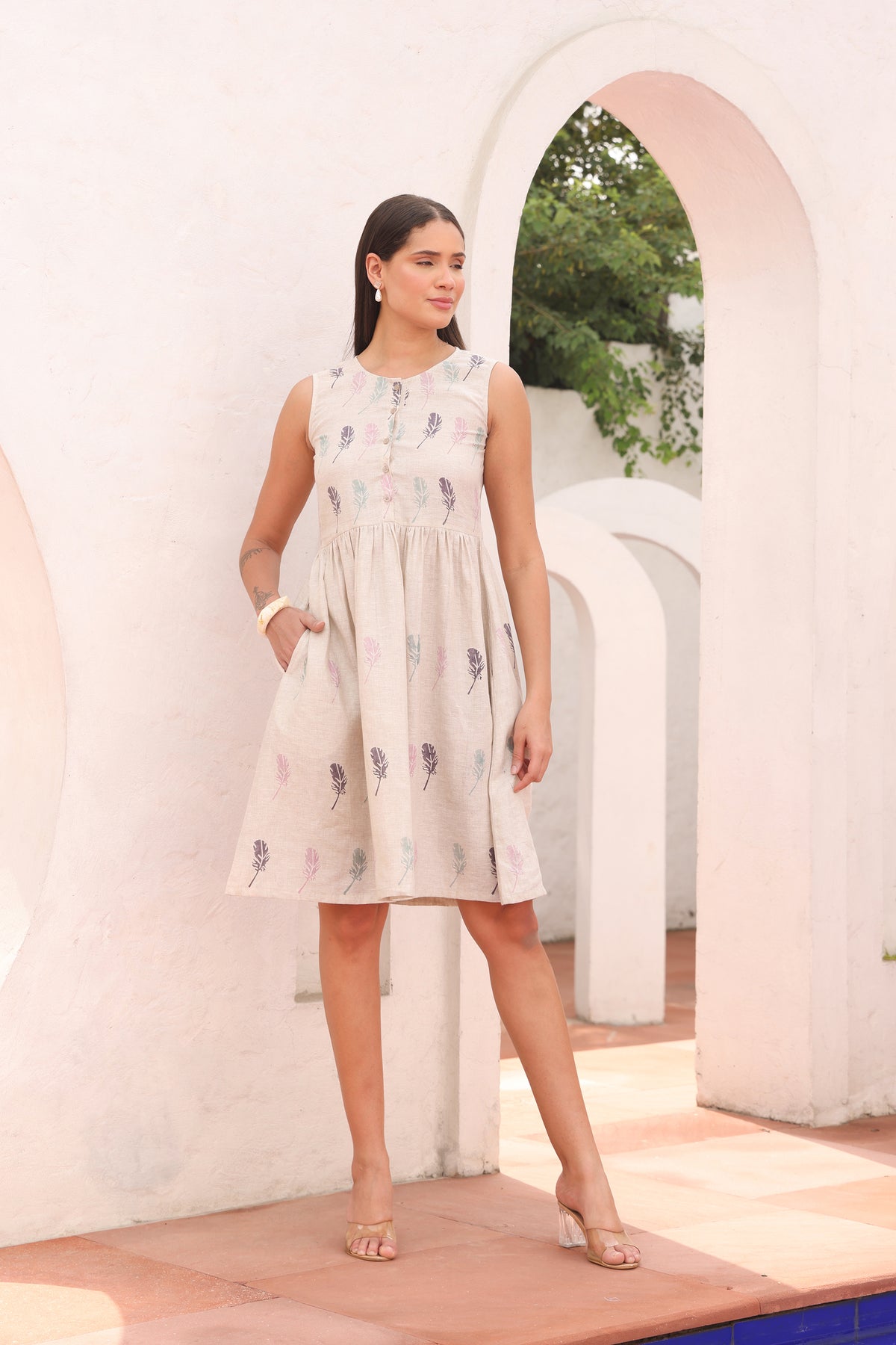 Beige Feather Block Print Linen Sleeveless Button-Down Dress