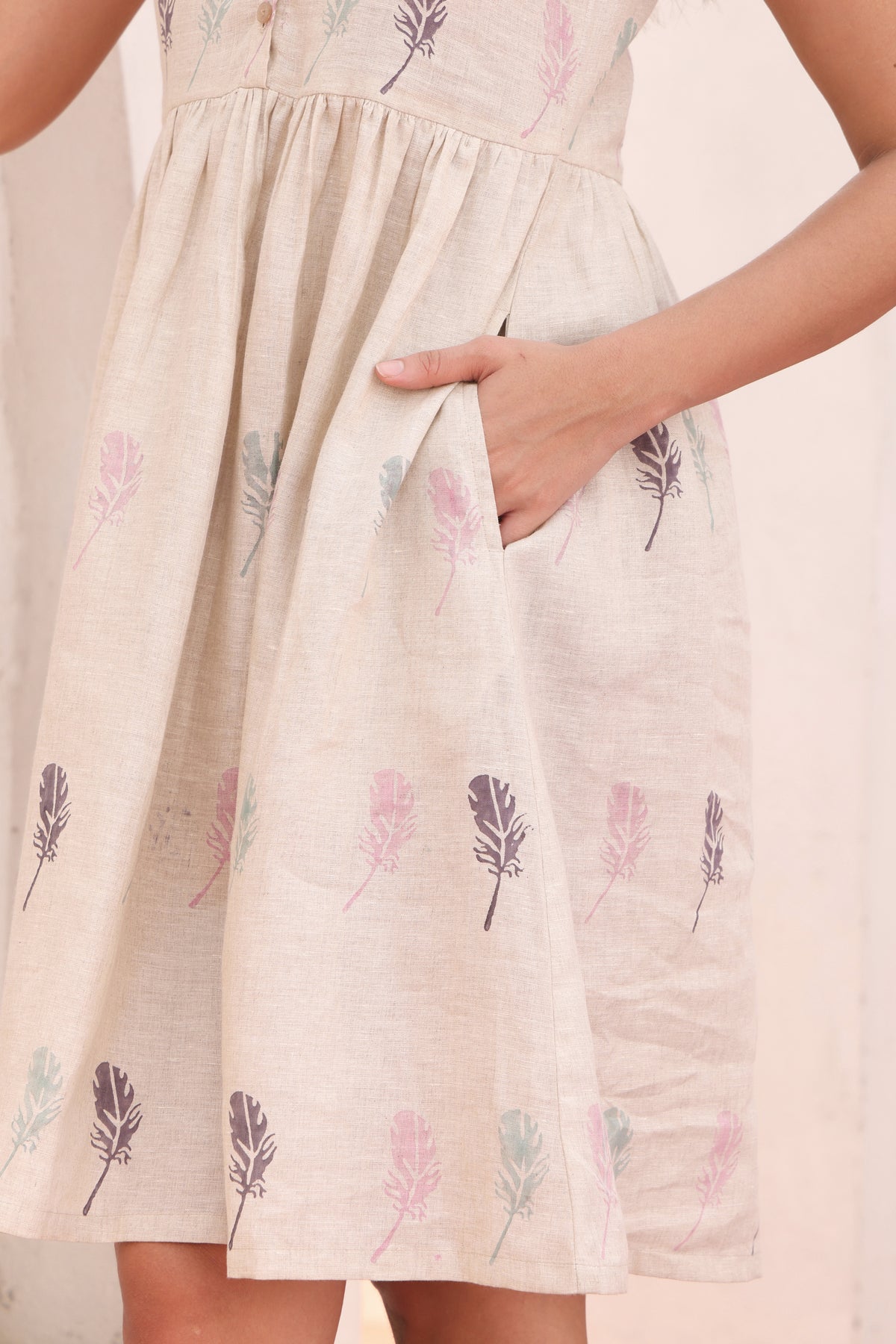 Beige Feather Block Print Linen Sleeveless Button-Down Dress