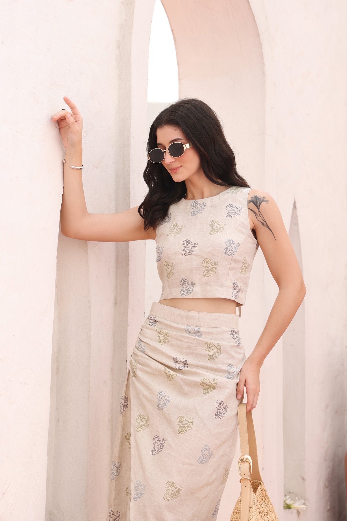 Indian Block Print Beige Butterfly Linen Crop Top & Wrap Skirt Set