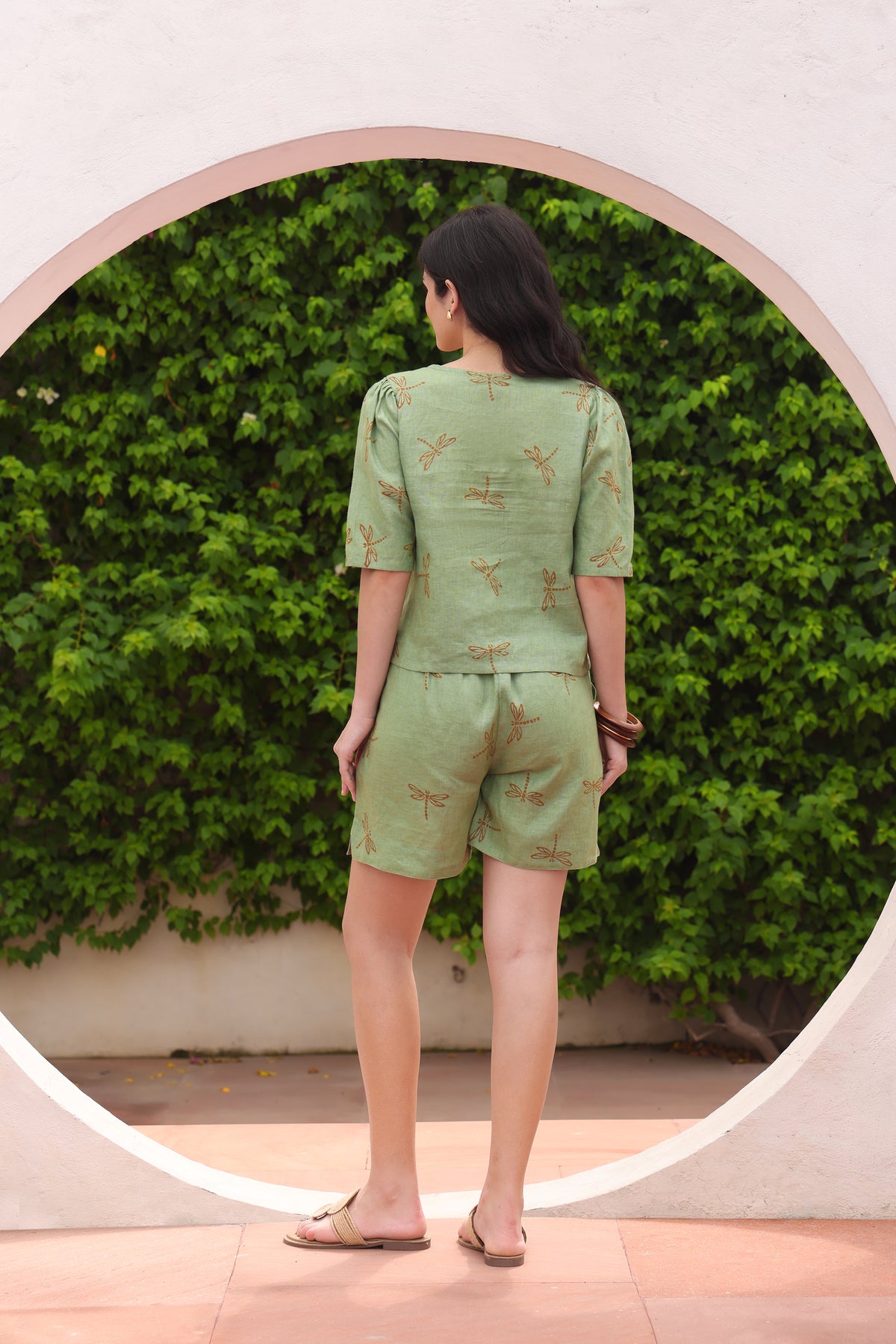 Sage Green Dragonfly Block Print Linen Top & Shorts Co-ord Set