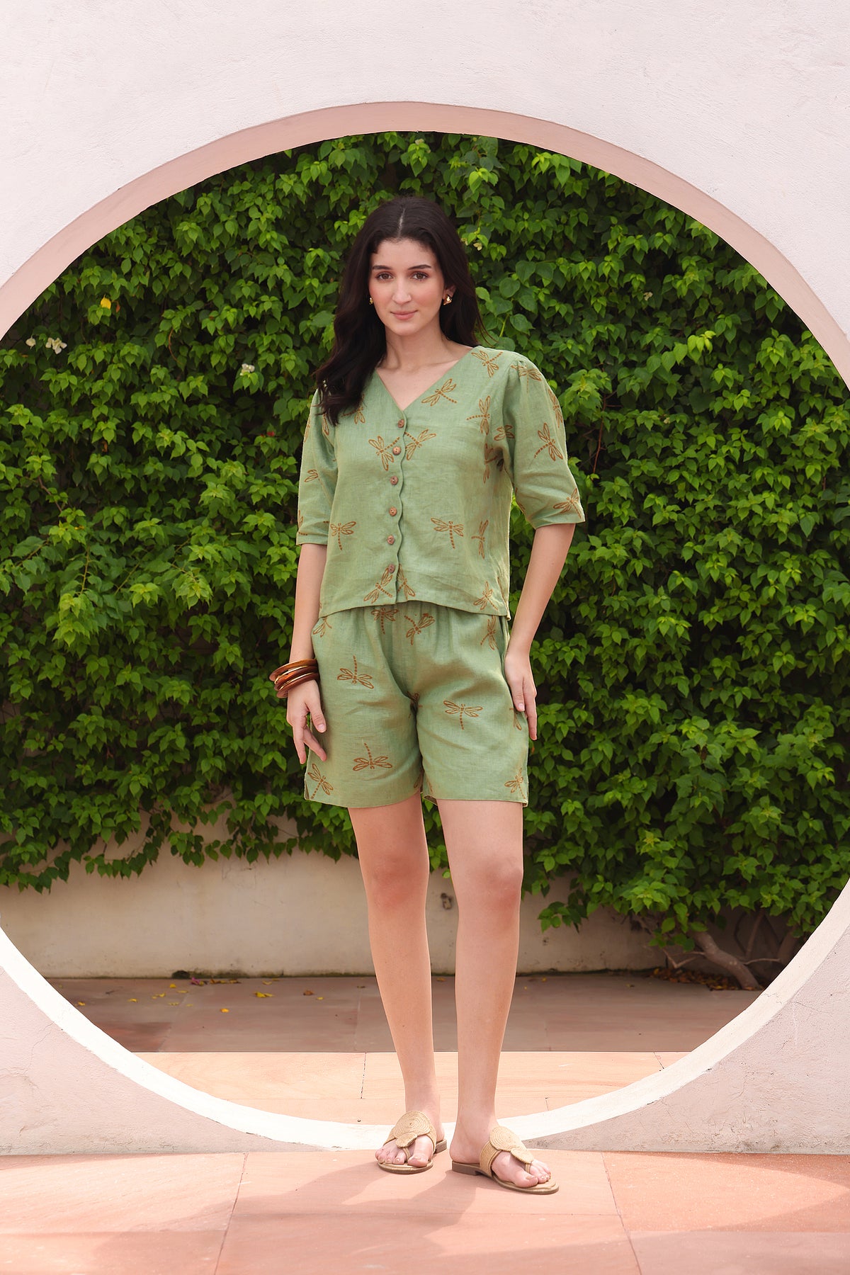 Sage Green Dragonfly Block Print Linen Top & Shorts Co-ord Set