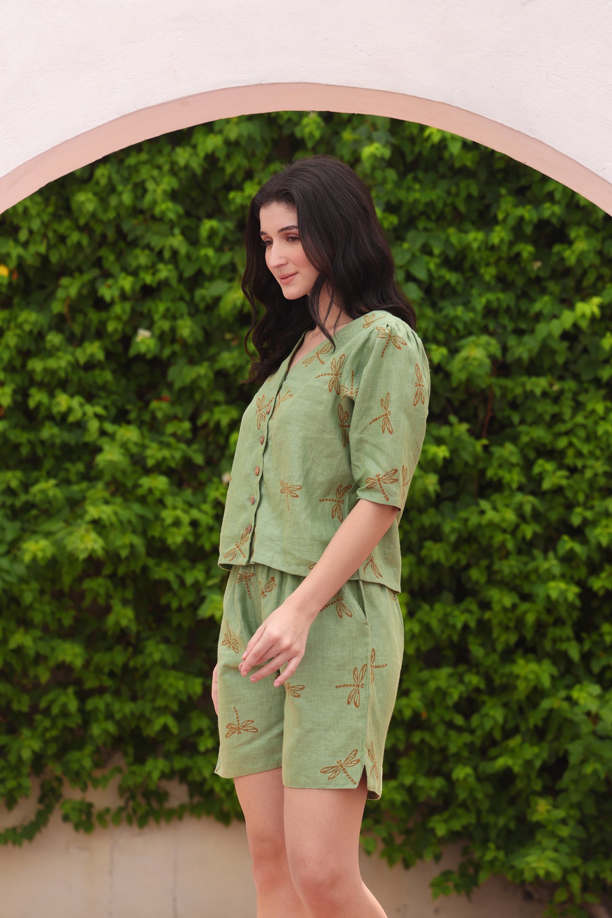 Sage Green Dragonfly Block Print Linen Top & Shorts Co-ord Set