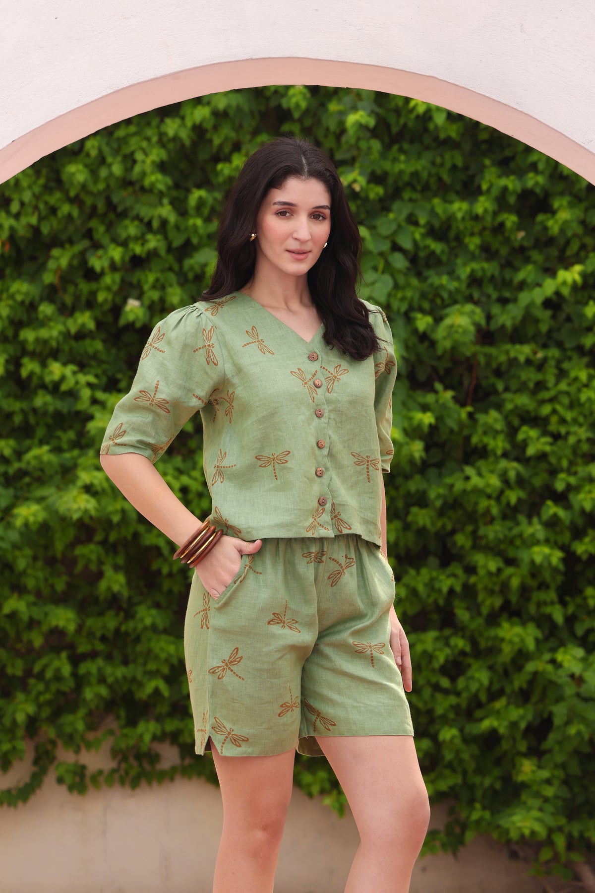 Sage Green Dragonfly Block Print Linen Top & Shorts Co-ord Set