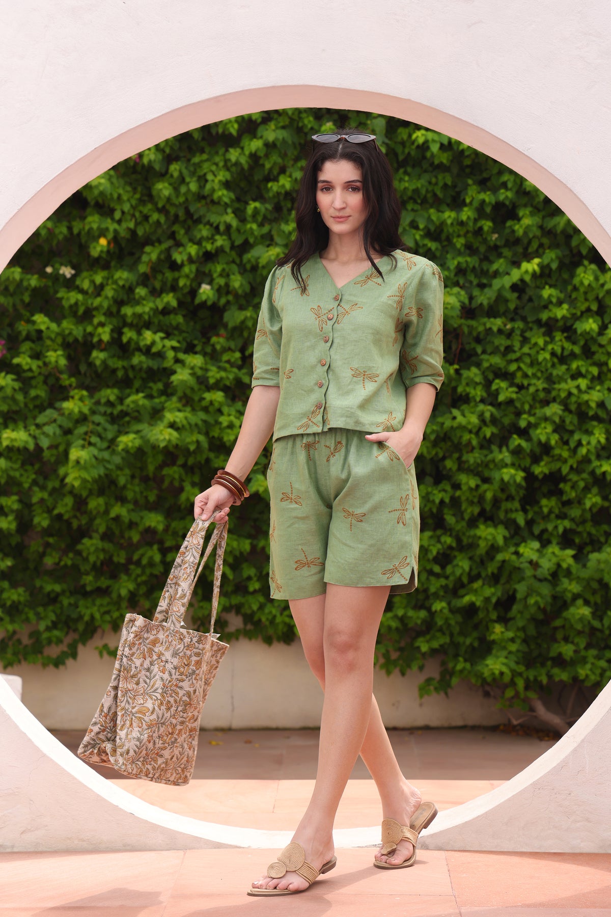 Sage Green Dragonfly Block Print Linen Top & Shorts Co-ord Set