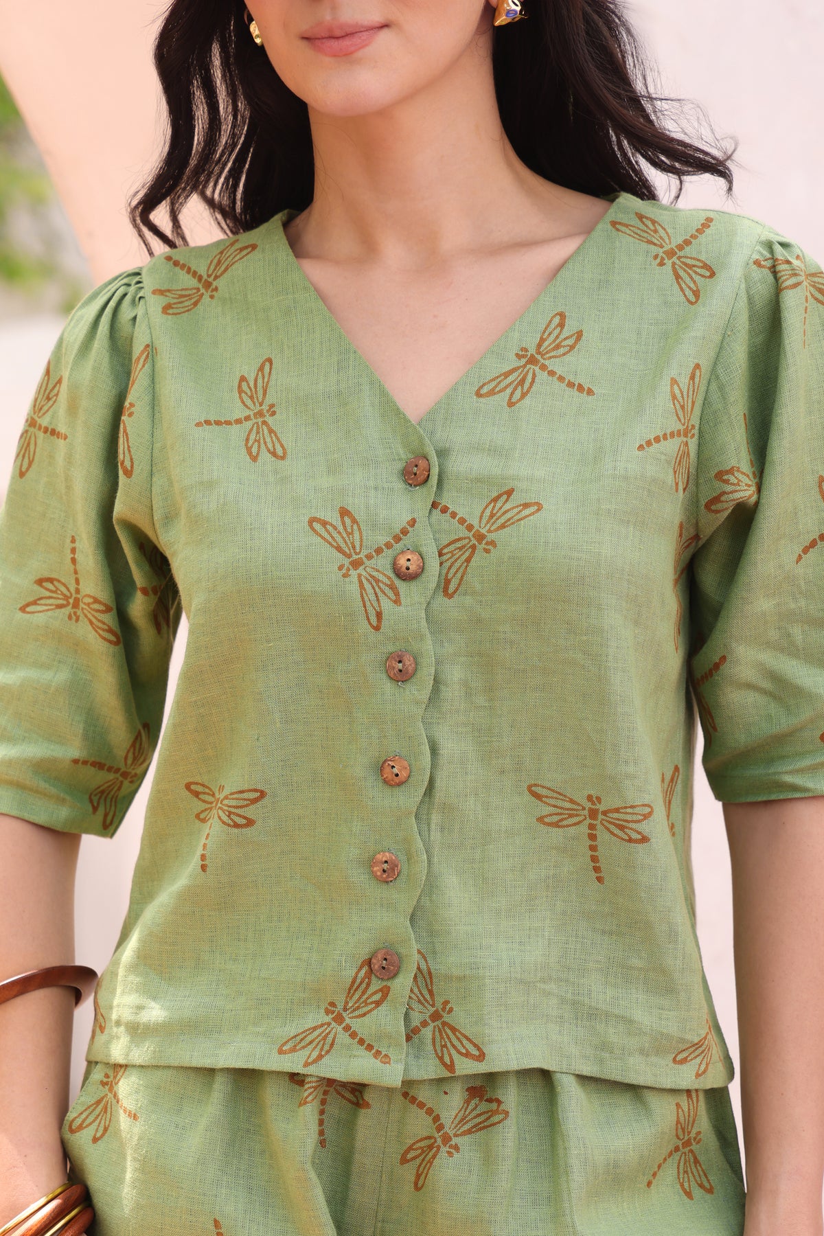 Sage Green Dragonfly Block Print Linen Top & Shorts Co-ord Set