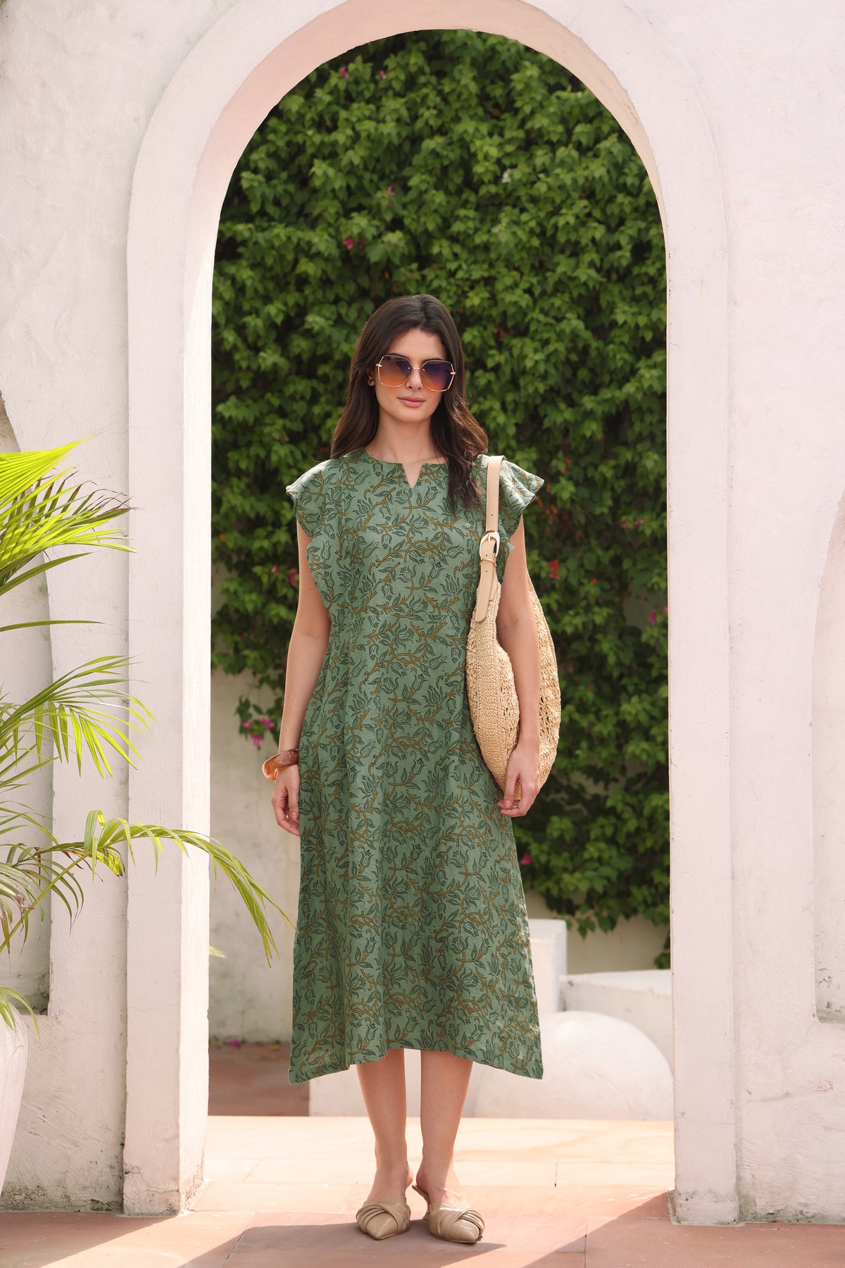 Sage Green Linen Floral Midi Dress with Tulip Vine Block Print