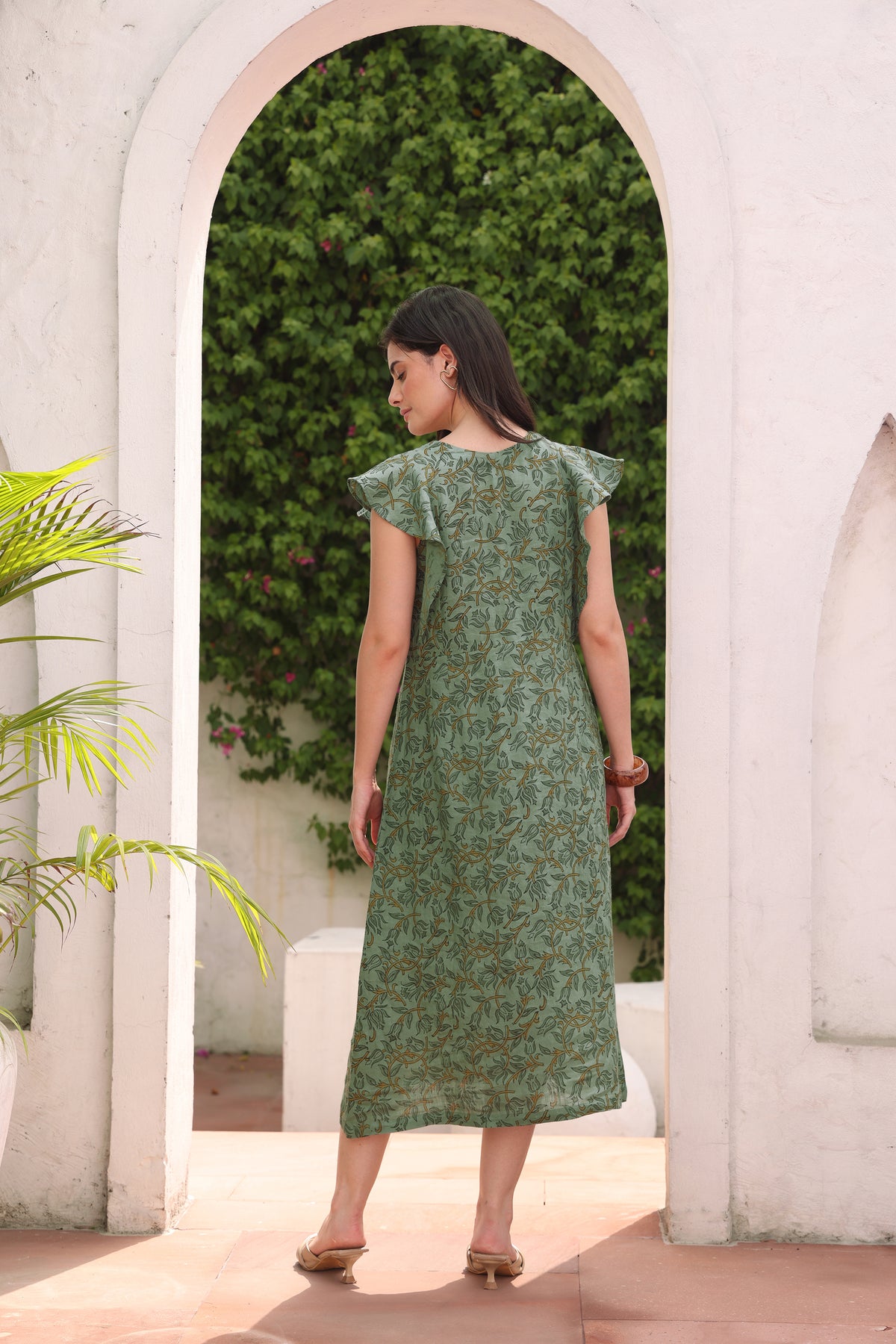 Sage Green Linen Floral Midi Dress with Tulip Vine Block Print