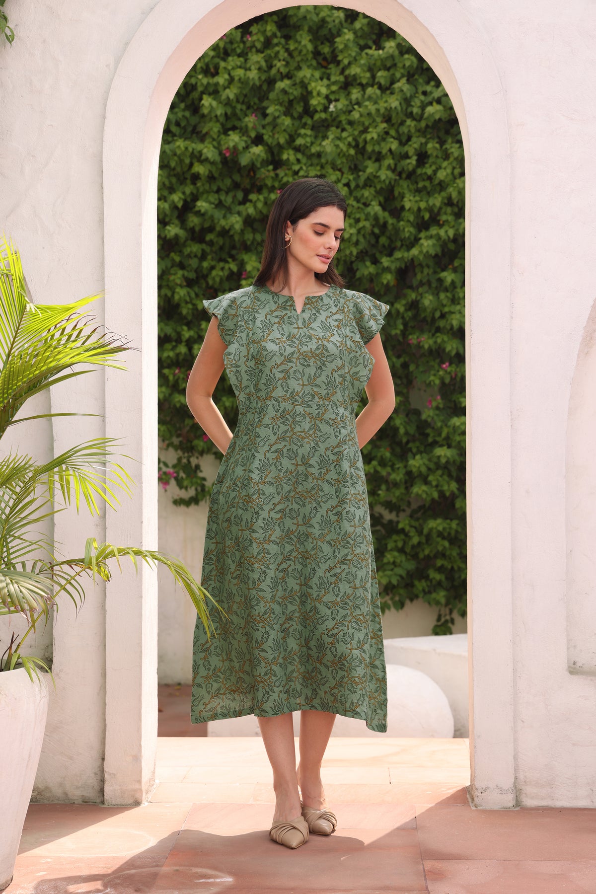 Sage Green Linen Floral Midi Dress with Tulip Vine Block Print
