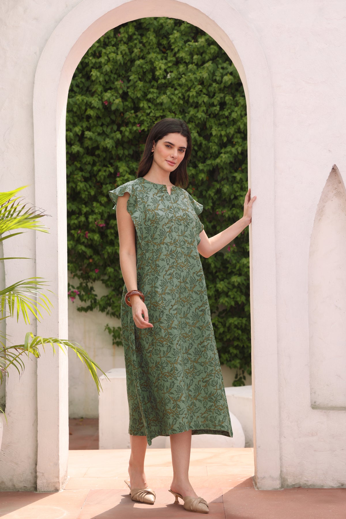 Sage Green Linen Floral Midi Dress with Tulip Vine Block Print