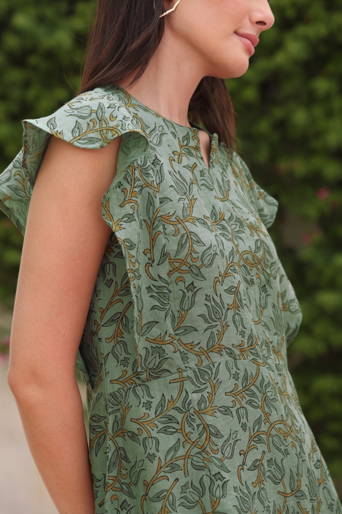 Sage Green Linen Floral Midi Dress with Tulip Vine Block Print