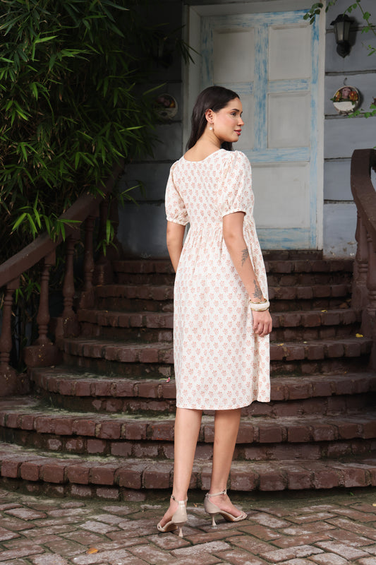 Block Print Off-White Linen Wrap Dress with Peach Floral Boota