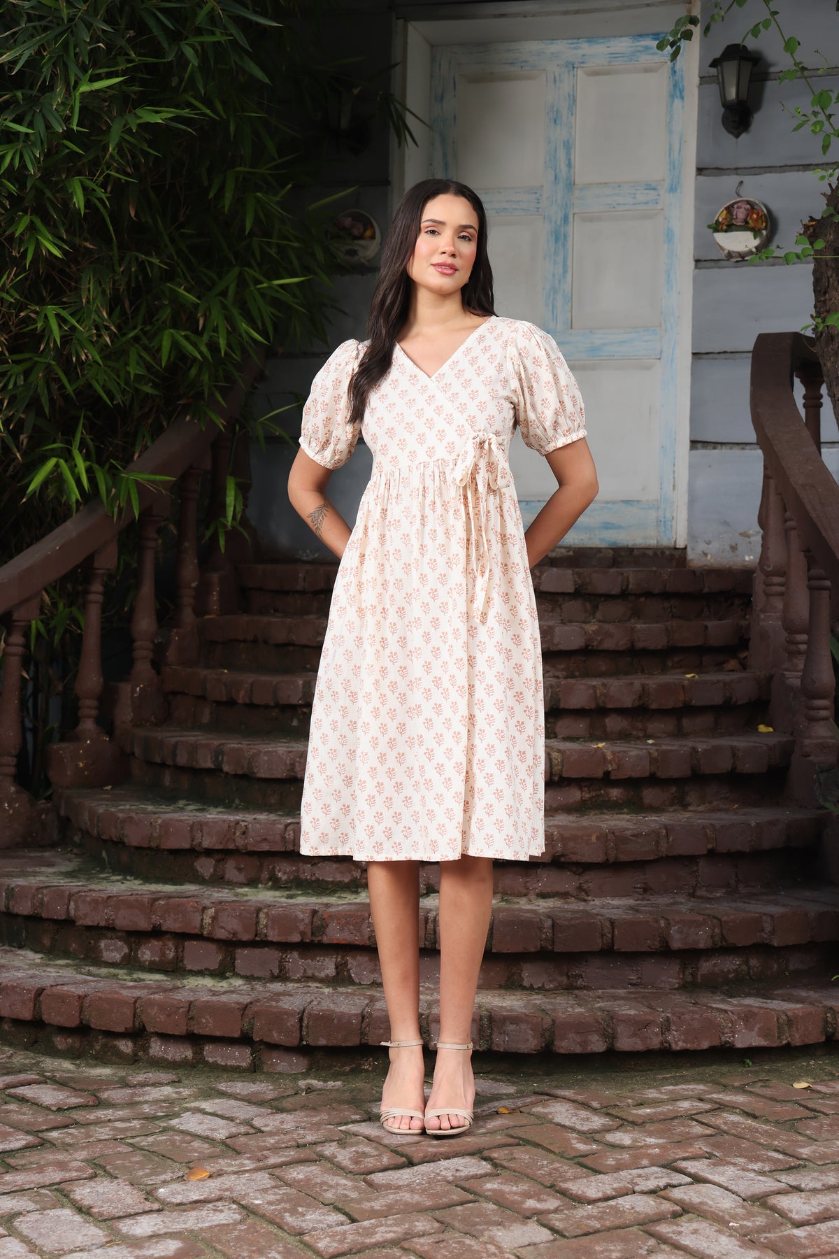Block Print Off-White Linen Wrap Dress with Peach Floral Boota
