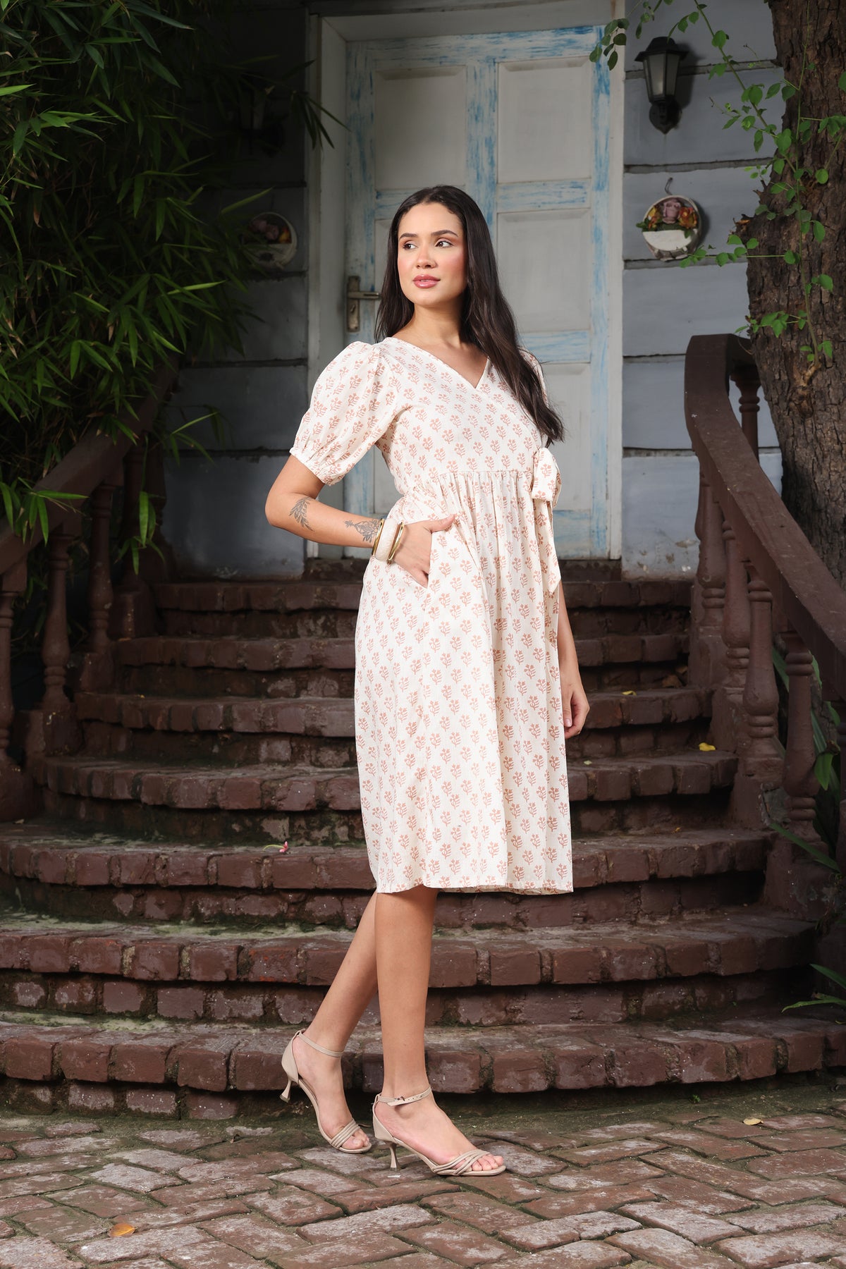 Block Print Off-White Linen Wrap Dress with Peach Floral Boota