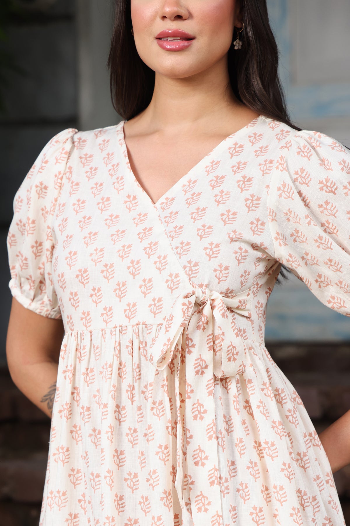 Block Print Off-White Linen Wrap Dress with Peach Floral Boota