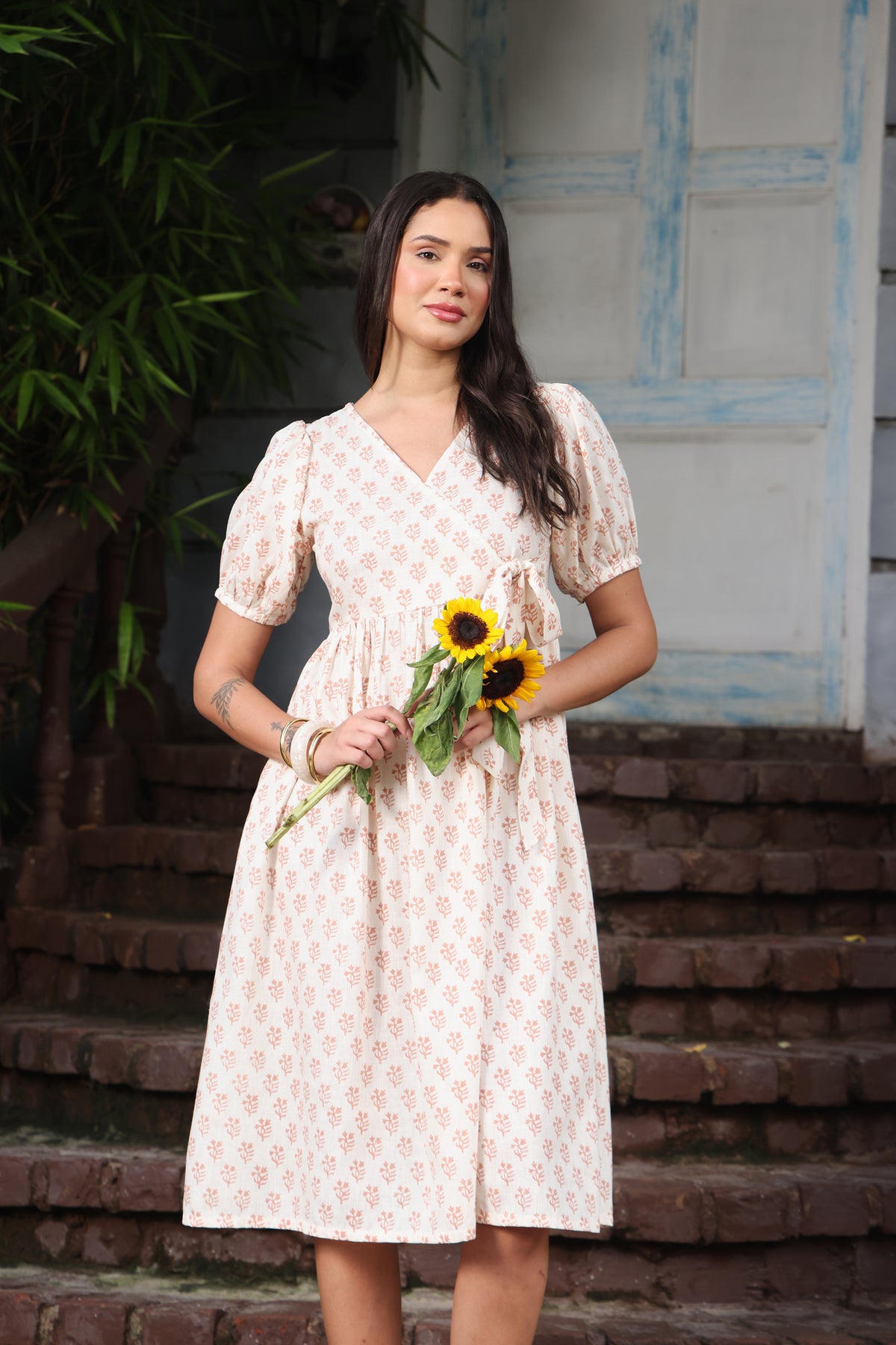 Block Print Off-White Linen Wrap Dress with Peach Floral Boota