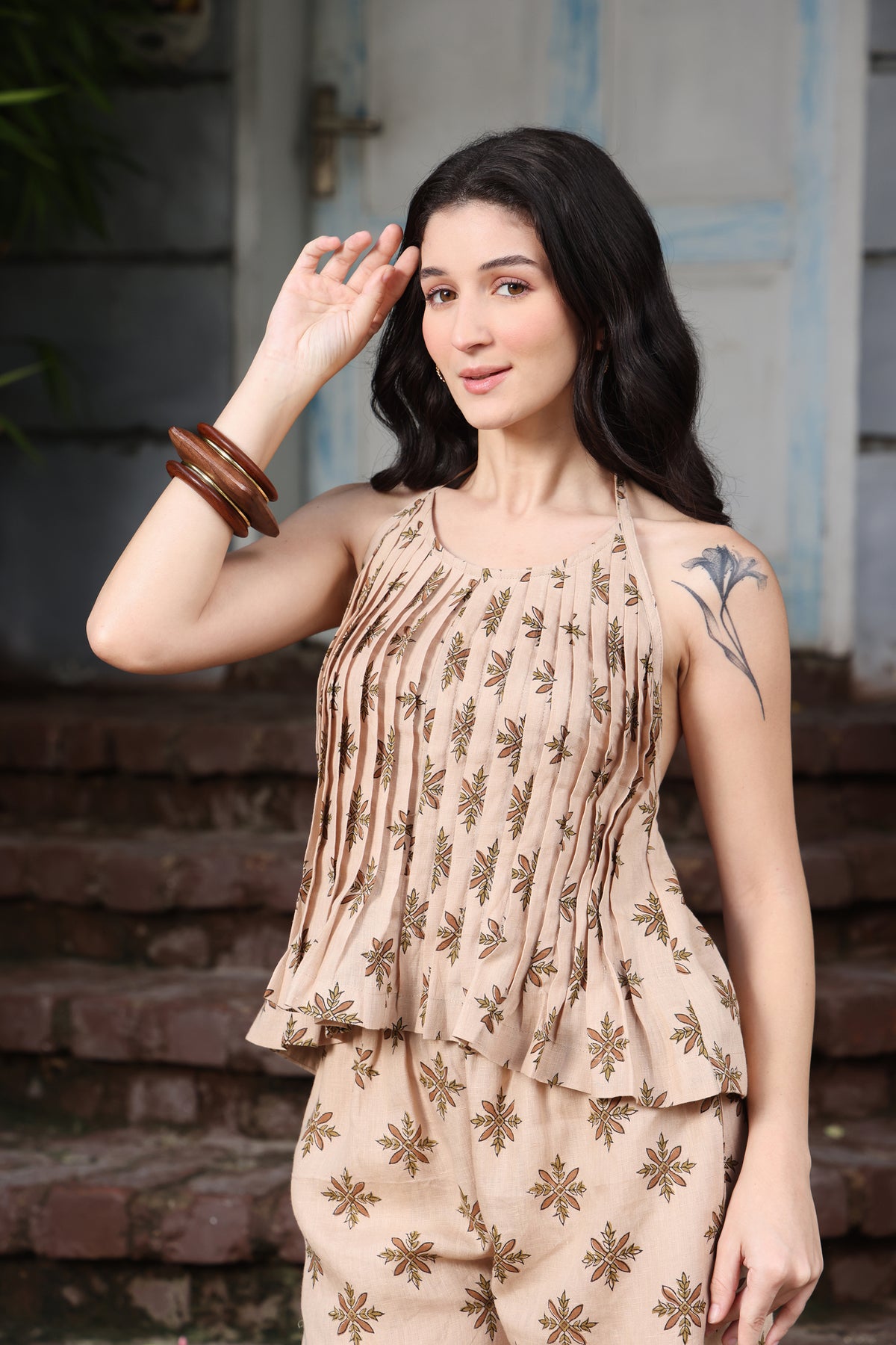 Beige Leaf Linen Pleated Halter Top & Scallop Shorts Co-ord Set