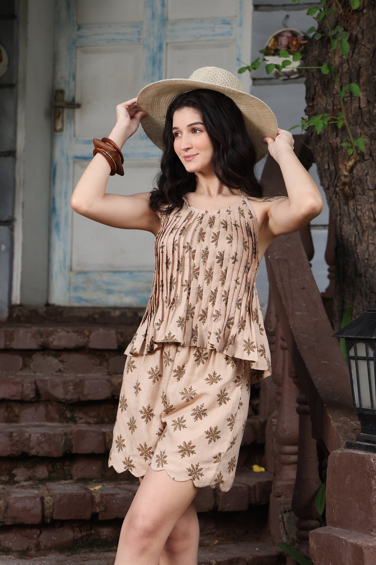 Beige Leaf Linen Pleated Halter Top & Scallop Shorts Co-ord Set
