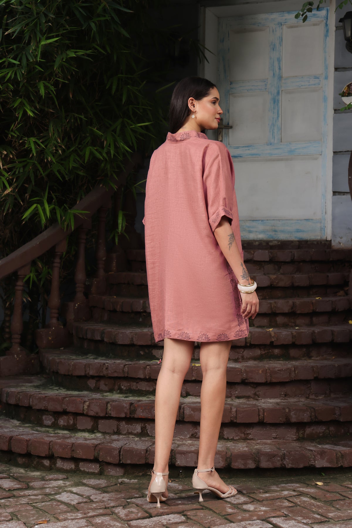 Block Print Dusty Pink Linen Lotus Kaftan Mini Dress with Pockets