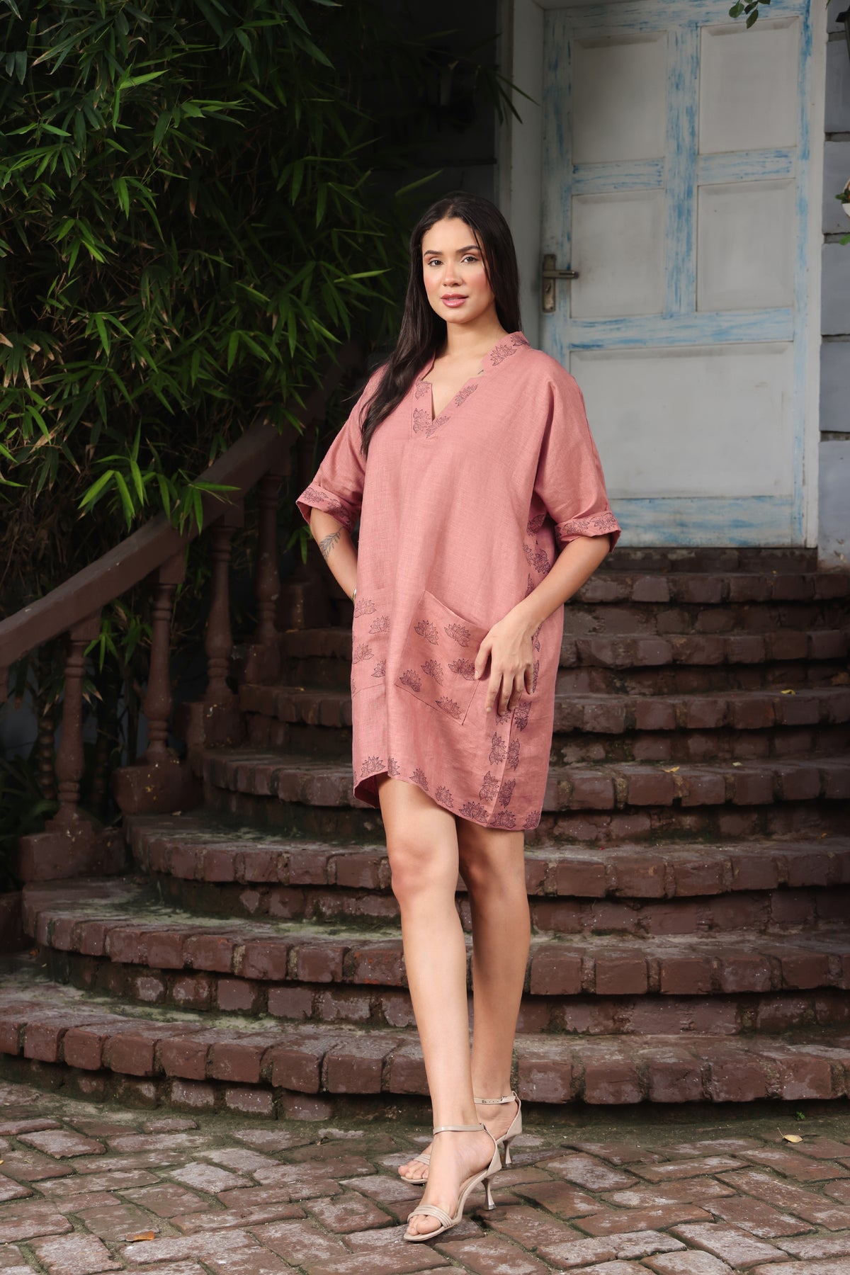 Block Print Dusty Pink Linen Lotus Kaftan Mini Dress with Pockets