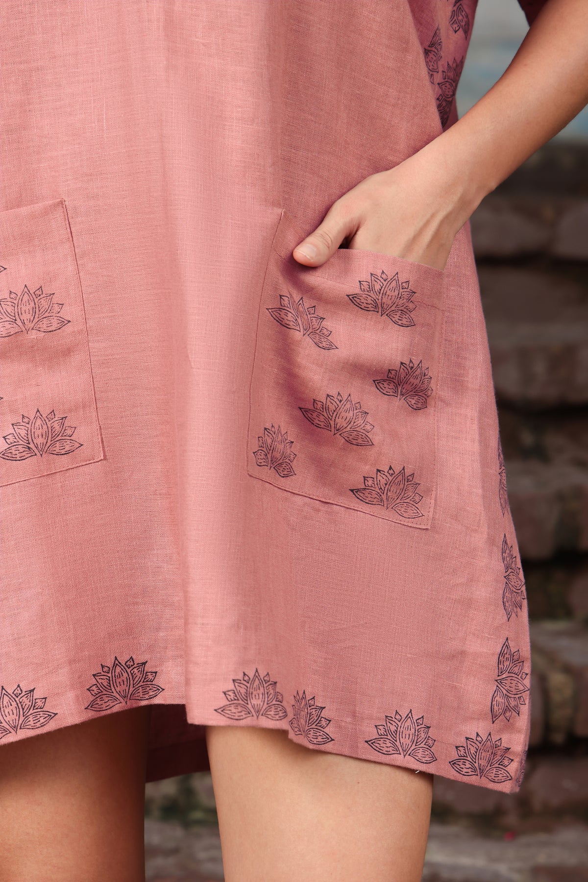 Block Print Dusty Pink Linen Lotus Kaftan Mini Dress with Pockets
