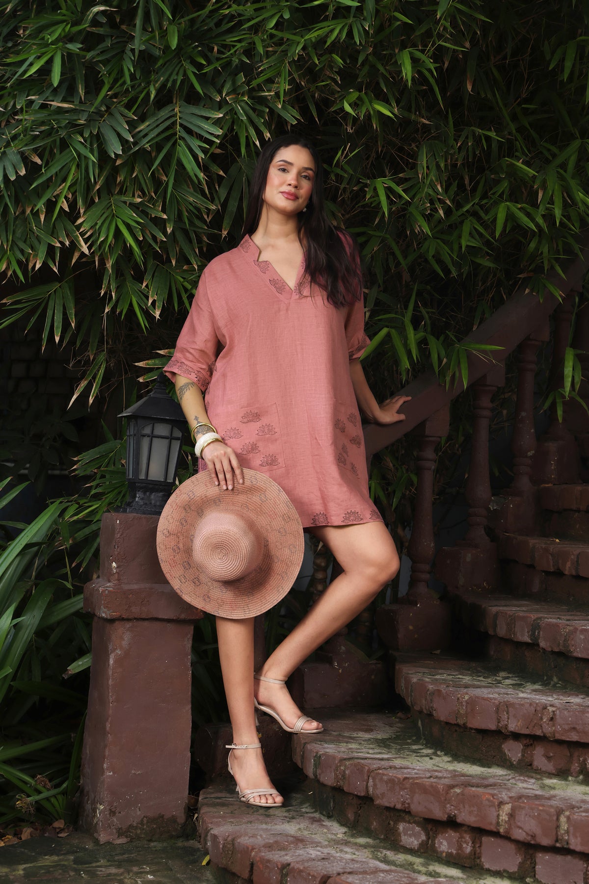 Block Print Dusty Pink Linen Lotus Kaftan Mini Dress with Pockets